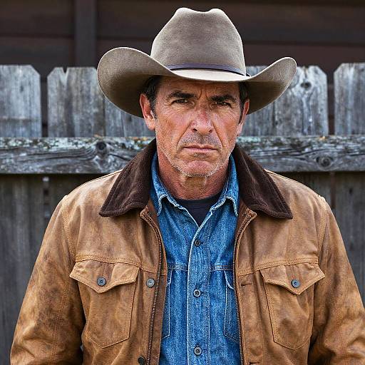 Photograph of a middle-aged Caucasian man with weathered face, wearing a brown cowboy hat, brown leather jacket, and blue denim shirt, standing in