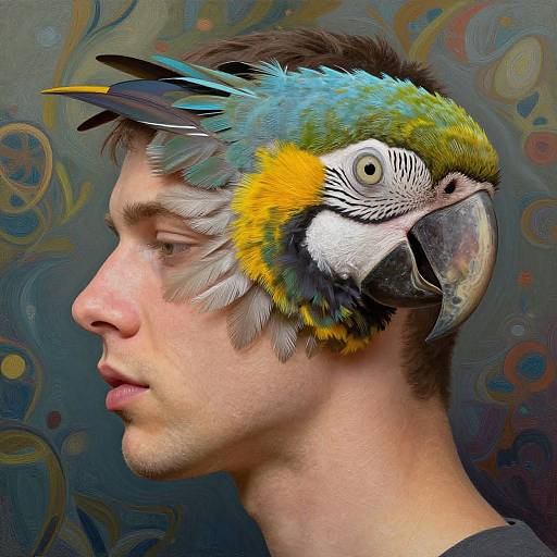 Photograph of a young man with a colorful parrot headpiece, featuring vibrant feathers, against a swirling, abstract background.