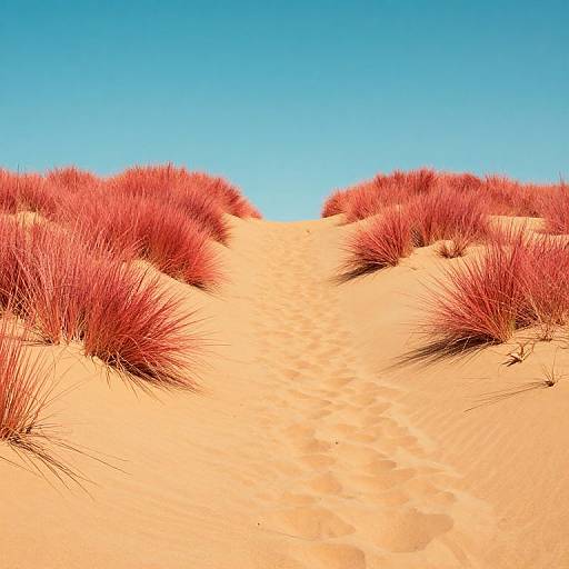 Surreal Desert Path with Coral Grasses