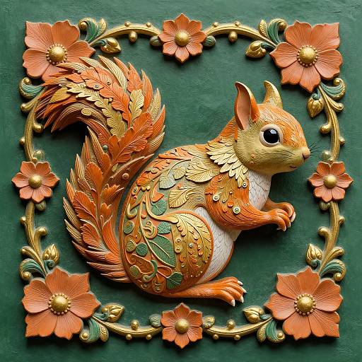 Detailed digital artwork of an ornate, orange and gold squirrel with leaf patterns, surrounded by red flowers and gold foliage on a green background.