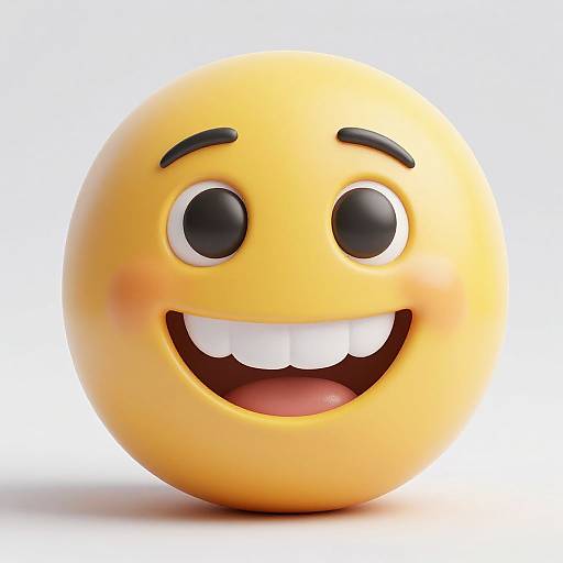 3D digital emoji with a yellow sphere face, black eyes, raised eyebrows, and a wide, toothy grin, set against a white background.