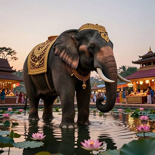 Photograph of an ornate elephant in a pond at sunset, adorned with gold embroidery, surrounded by pink lotus flowers and people in traditional attire.