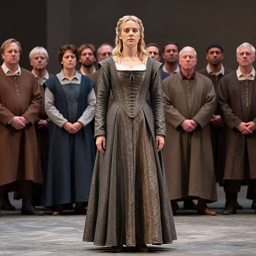 Photograph of a blonde woman in a dark, medieval-style dress standing center stage, with a solemn-faced group in period attire in the background. Dram