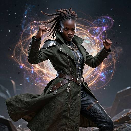 Digital artwork of a dark-skinned woman with dreadlocks, wearing a green military-style coat, fists raised, surrounded by a cosmic galaxy backdrop.