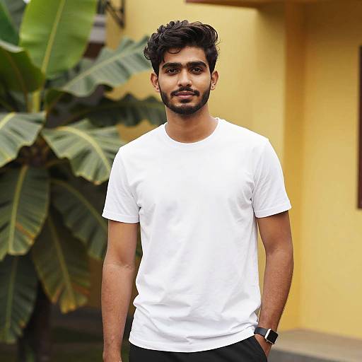 Young man standing outdoors in white t-shirt