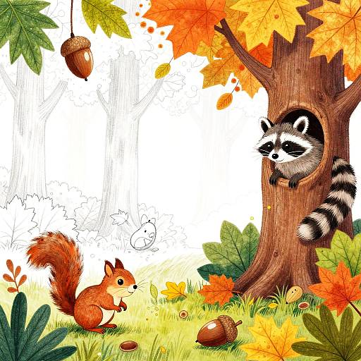 Playful Autumn Forest Coloring Scene