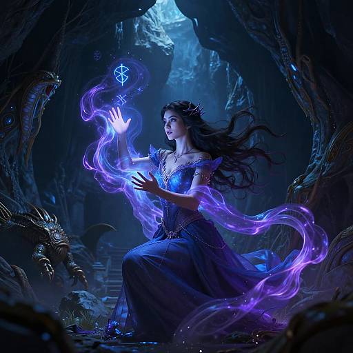 Digital fantasy artwork of a dark-haired woman in a blue dress, conjuring purple magical energy in a dark, rocky cave.