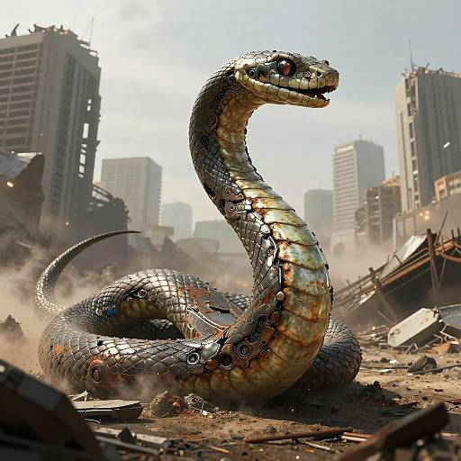 Photorealistic CGI: Large, metallic-scaled snake with red eyes and a coiled, rusted body in a post-apocalyptic, ruined city