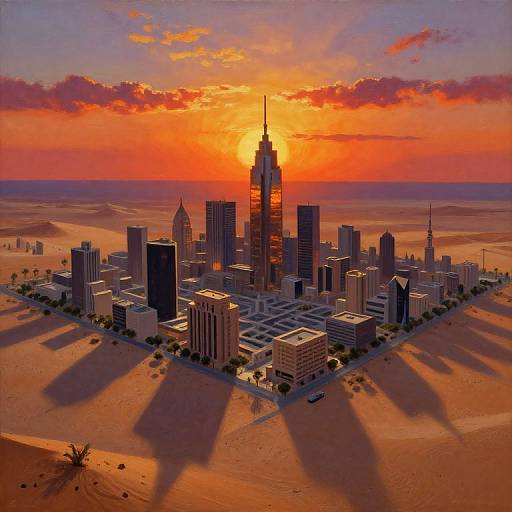 Digital artwork of a desert cityscape at sunset, featuring a tall skyscraper casting long shadows, with a vibrant orange sky and scattered clouds.