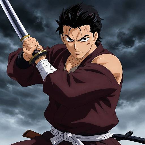 Anime-style drawing of a muscular, black-haired male warrior with intense eyes, holding a sword, wearing a brown kimono, white belt, and band