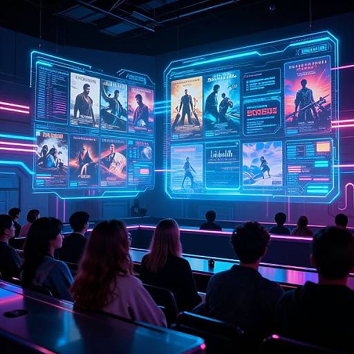 Neon-lit concert venue with silhouetted audience, colorful holographic screens displaying band performances and tour information in vibrant blue and pink hues.