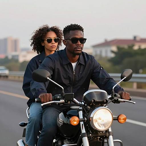African-American couple riding motorcycle at dusk