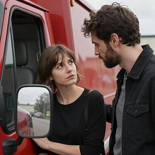 Intense Moment by a Red Truck