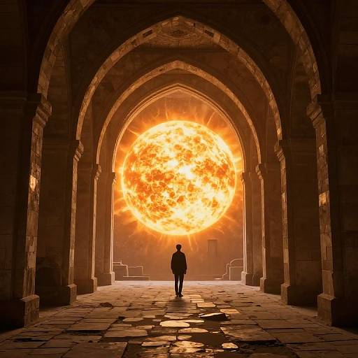 Photograph of a silhouetted figure standing in a dark, stone arched hallway, with a massive, bright, fiery orange sun blazing through