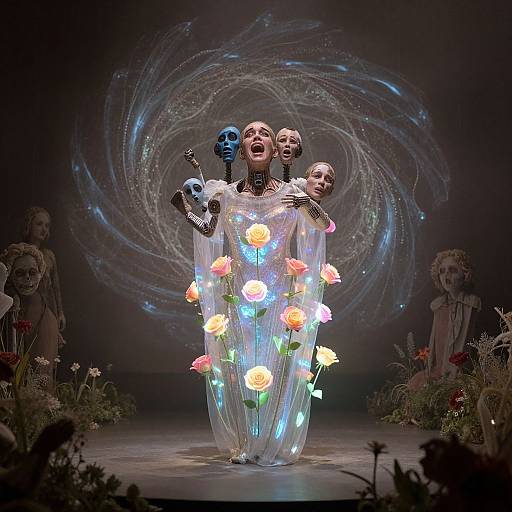 Photograph: Three robotic, skeletal figures with glowing blue faces, wearing a translucent dress adorned with illuminated roses, stand center stage against a swirling, cosmic