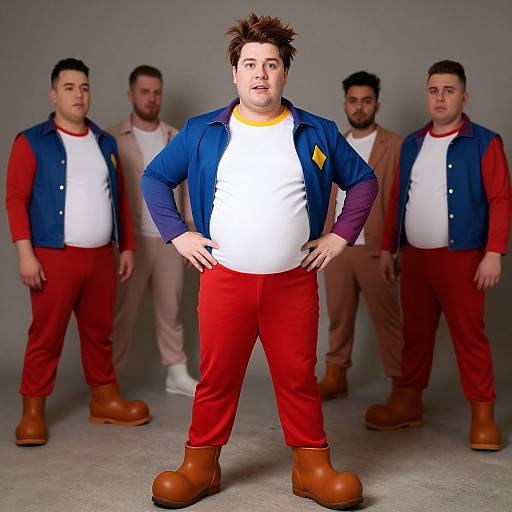 Photograph of a confident, medium-build man with spiked brown hair, blue jacket, white shirt, red pants, and brown boots, standing in front