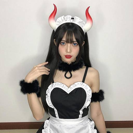 Elegant Asian Maid with Horned Headpiece