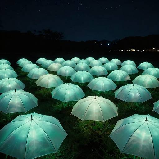 Photograph of numerous glowing, translucent blue umbrellas arranged in rows at night, illuminating the dark grassy field, with stars visible in the black