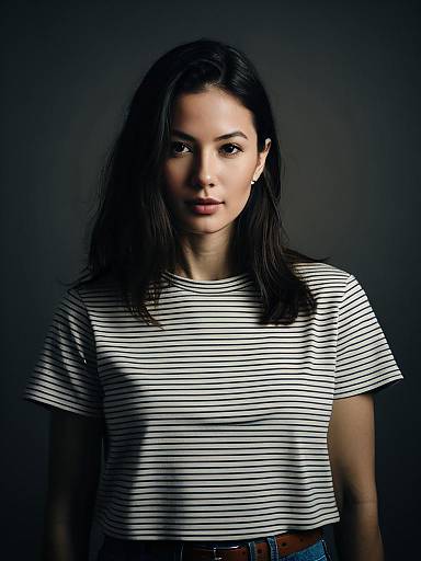 Young Woman in Striped T-Shirt and Denim Jeans