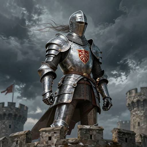 Digital art of a fierce, silver-armored knight with a red emblem, standing on castle ruins under stormy skies. Long hair flows, castle towers
