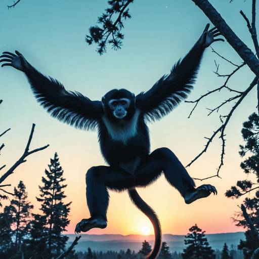 Gibbon Monkey Silhouette Jumping at Sunset