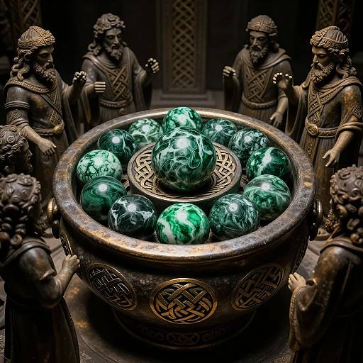 Photograph of a bronze ceremonial bowl with green marbled orbs, surrounded by detailed, dark bronze figures in traditional attire.