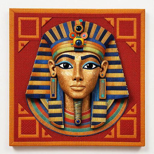 Digital artwork of an Egyptian goddess with striped headdress, red-orange geometric background, bold colors, and detailed facial features.