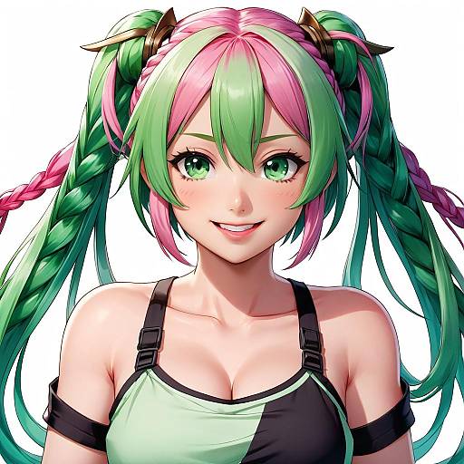 Digital anime-style portrait of a smiling girl with long, green and pink twin braids, green eyes, and a black and white sports top.