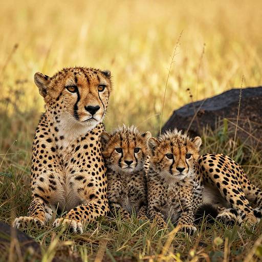 Cheetah with Cubs in Golden Grass