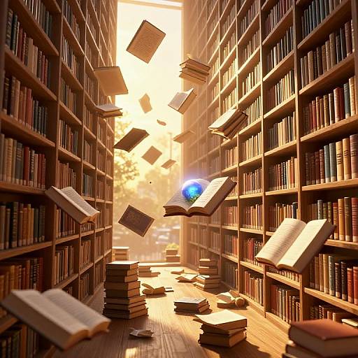 Photograph-like CGI of a sunlit library aisle with floating and falling books, surrounded by tall wooden bookshelves on both sides.