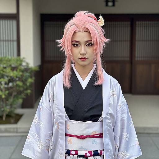 Digital artwork of an Asian woman with pink hair, wearing a white floral kimono over a black yukata, standing in front of traditional Japanese wooden