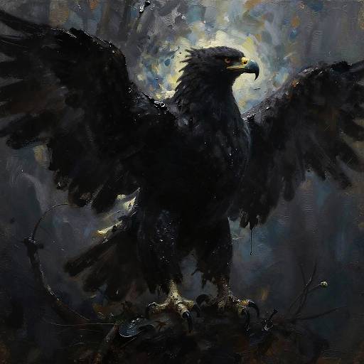 Digital painting of a dark, menacing eagle with outstretched wings, illuminated by a bright, glowing moon in a stormy, blue-gray sky.