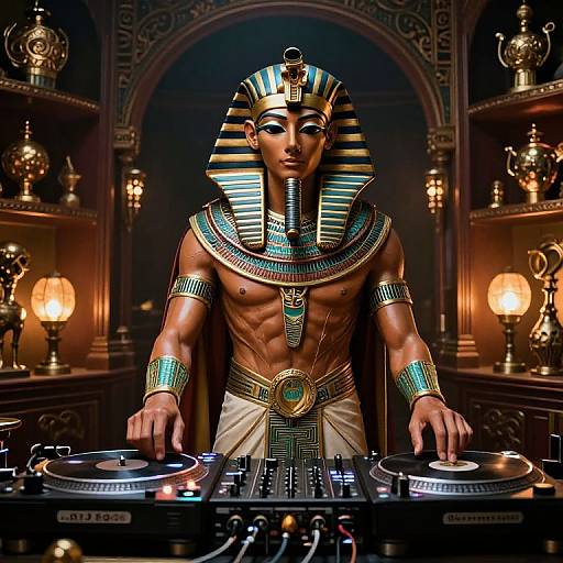 Digital artwork of a muscular, dark-skinned Anubis DJ, wearing Egyptian headdress and jewelry, mixing music with turntables in a dimly