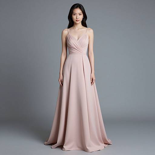 Photograph of an Asian woman with long black hair in a pale pink, sleeveless, V-neck, floor-length satin gown, standing against a gray