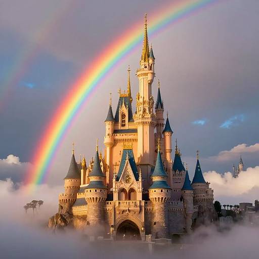 Photograph of a grand, fairy-tale castle with blue-roofed towers, bathed in sunlight, under a vibrant rainbow in a cloudy sky