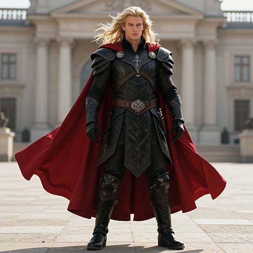 Photograph of a tall, blonde man in black, ornate medieval armor with a flowing red cape, standing confidently in front of a grand, classical