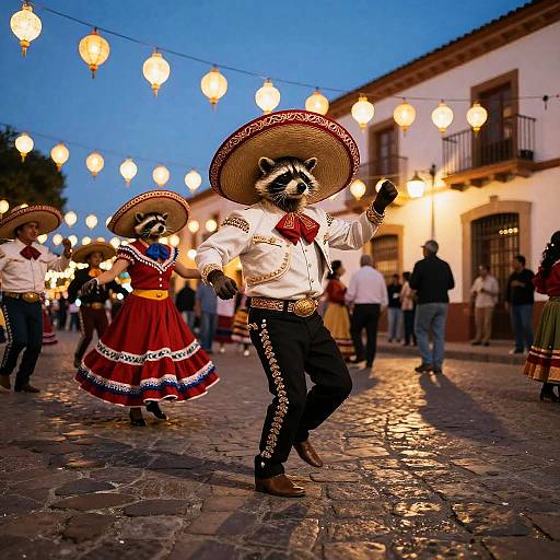 Photograph of two raccoon-costumed dancers in Mexican attire with oversized sombreros, white shirts, and red dresses, performing under string lights on