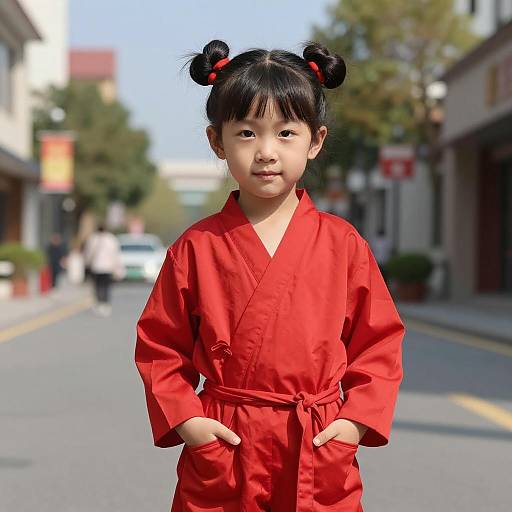 Young Asian Girl in Red Robe on Sunny Street