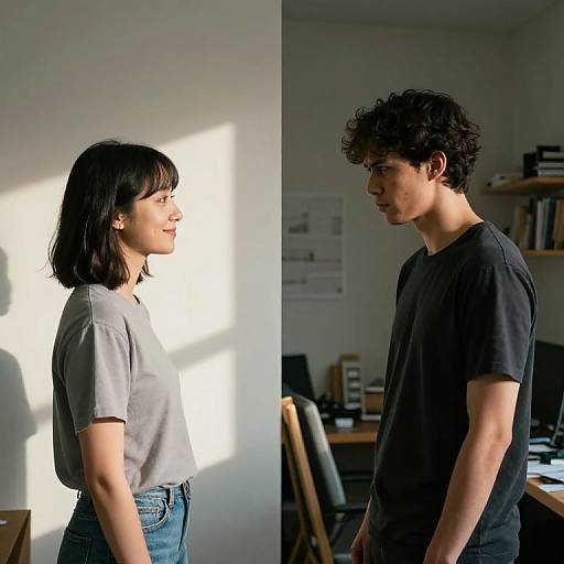 Photograph of a young Asian couple in a brightly lit room. Woman with shoulder-length black hair, gray shirt; man with curly hair, black t