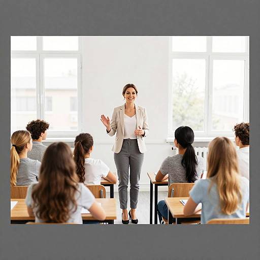 Smiling Teacher in Bright Classroom