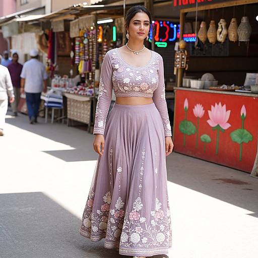 Photograph of a young South Asian woman in a long-sleeve, sheer, lavender dupatta suit with intricate floral embroidery, standing confidently in a