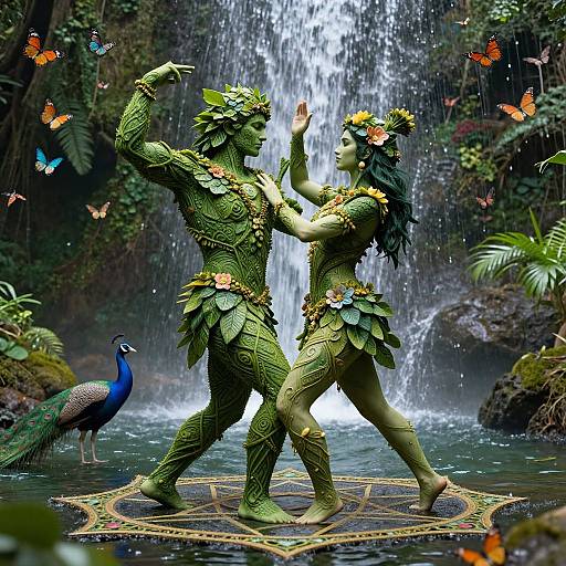 Digital artwork of two green, leafy humanoid dancers in a lush jungle, standing on a circular pattern before a waterfall, surrounded by colorful butterflies and a