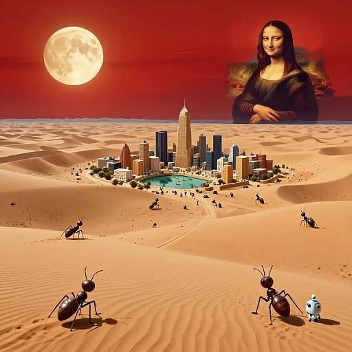 Digital art: Desertscape with miniature city under full moon, ants in foreground, and Mona Lisa in red sky background. Surreal, hyper-real