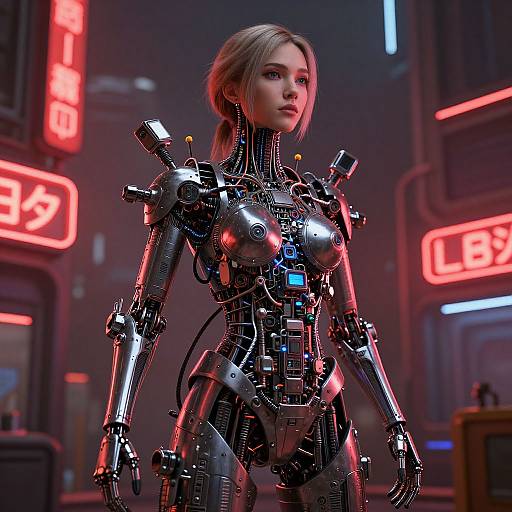 CGI image of a blonde woman with cybernetic enhancements, standing in a neon-lit futuristic city, wearing a metallic, robotic suit.