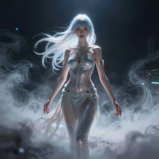 Ethereal Anime Woman in Futuristic Landscape