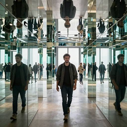 Photograph of a modern, glass-walled building entrance. Centered man in dark jacket and jeans walks forward, reflected in multiple mirrors, with blurred