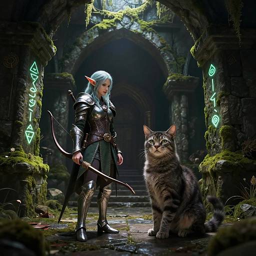 Photorealistic digital art: Elven archer with blue hair, silver armor, and sword stands in mossy, ancient stone archway, beside