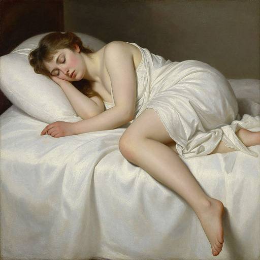 Photorealistic painting of a fair-skinned, brunette woman with soft features, sleeping on a white bed, wrapped in a silky white sheet.