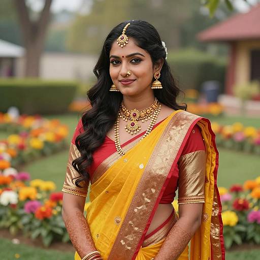 Indian Woman in Traditional Saree with Gold Jewelry