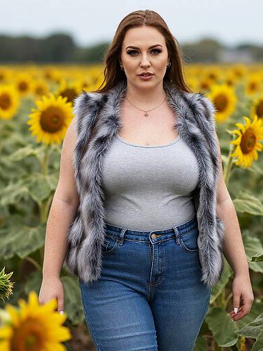 Photograph of a curvy, fair-skinned woman with long brown hair, wearing a gray fur vest, white tank top, and blue jeans,
